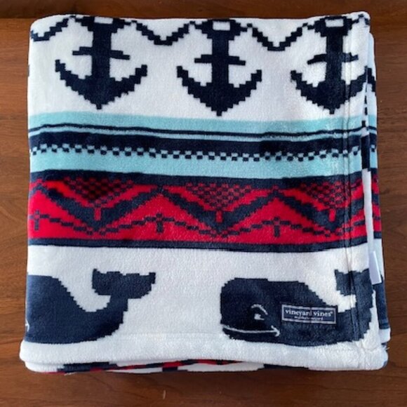 VINEYARD VINES Fair Isle Fleece Blanket Throw Navy Red White Whale Print - Picture 1 of 11